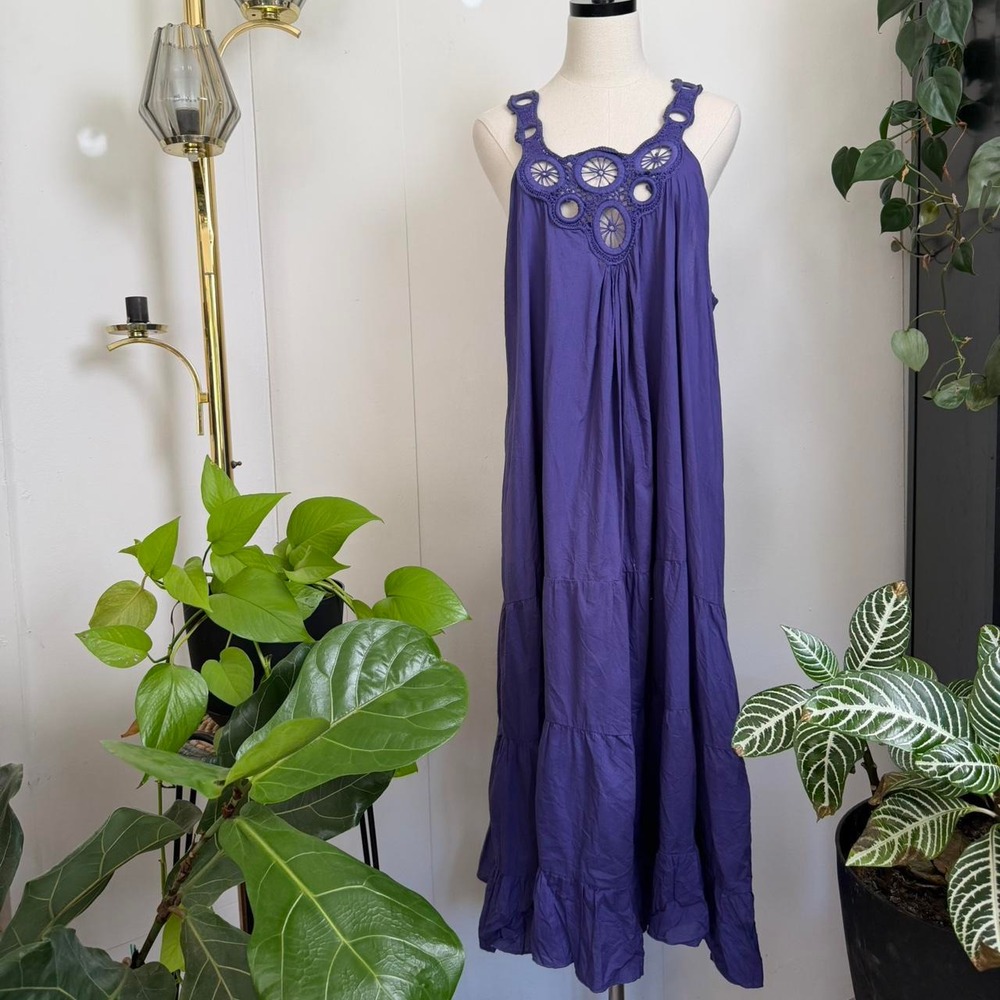 Pyramid Collection Purple Cotton Crochet Neck Tiered Maxi Dress Plus Size 1X